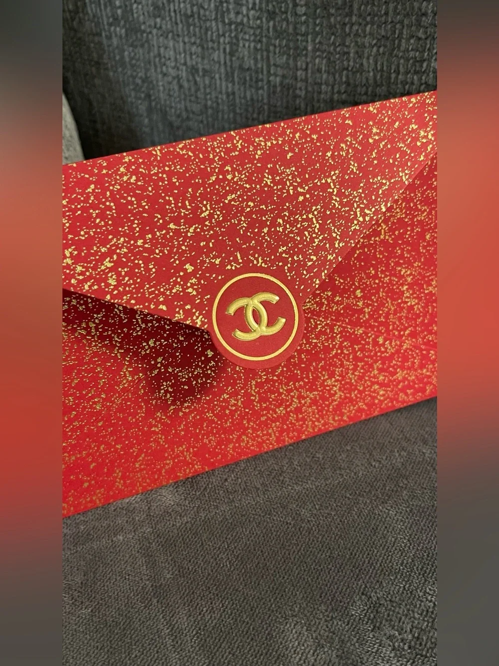 CHANEL Red Glitter Envelope with Gold CC Logo
